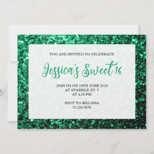 Emerald green sparkles Sweet 16 elegant script Invitation