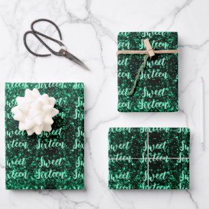 Emerald Green sparkles Sweet 16 script pattern Wrapping Paper Sheet