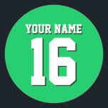 Emerald Green Sports Jersey Team Jersey Classic Round Sticker<br><div class="desc">Emerald Green Team Jersey / Sports Jersey / Football Jersey Customise this with your own name or team name and a number. You can change the size, colour and placement of the text if you need to make changes, remove the text shadow, add text and / or images of your...</div>