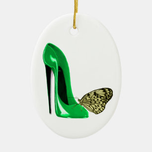Emerald Green Stiletto Shoe and Yellow Butterfly O Ceramic Tree Decoration