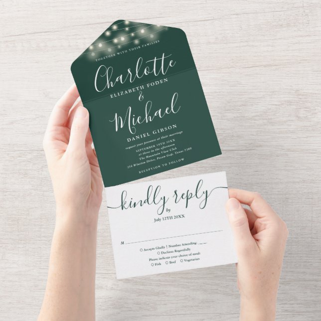 Emerald Green String Lights Elegant Script Wedding All In One Invitation (Tearaway)