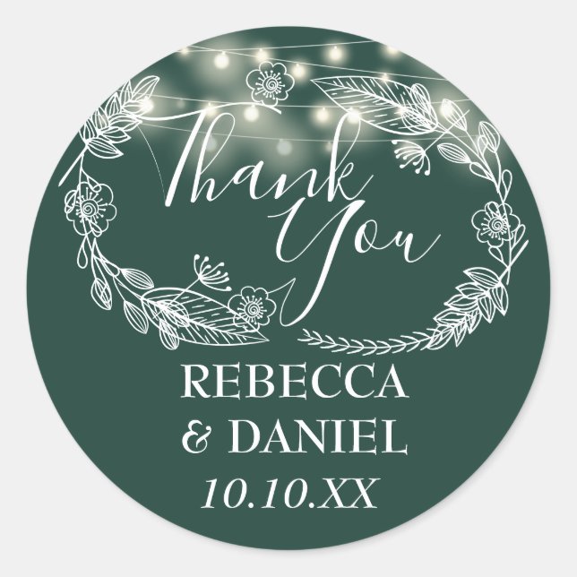 Emerald Green String Lights Floral Thank You Classic Round Sticker (Front)