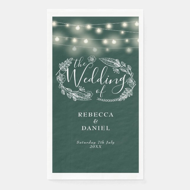 Emerald Green String Lights Floral Wedding Napkin (Front)