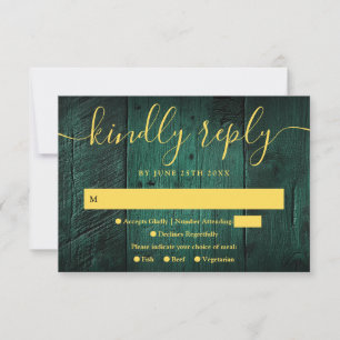 Emerald Green String Lights Rustic Wood Wedding RSVP Card