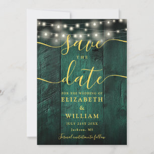 Emerald Green String Lights Rustic Wood Wedding Save The Date