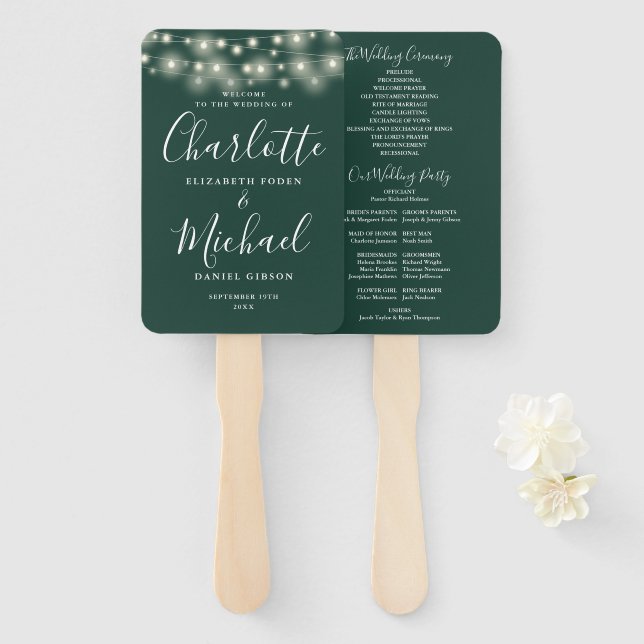 Emerald Green String Lights Script Wedding Program Hand Fan (Front and Back)
