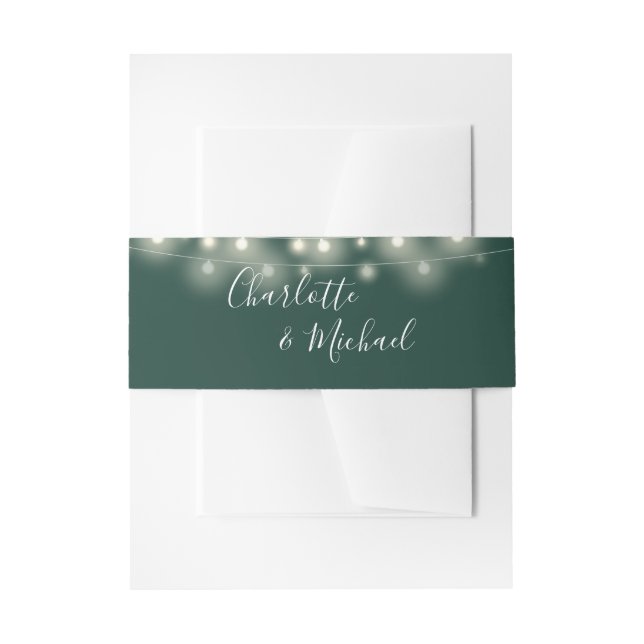 Emerald Green String Lights Signature Script Invitation Belly Band (Front Example)