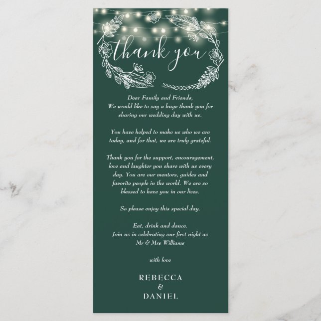 Emerald Green String Lights Thank You Place Card (Front)