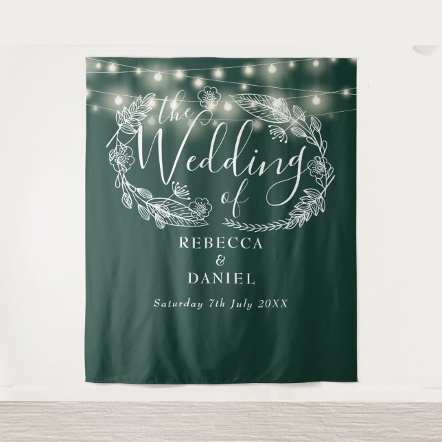Emerald Green String Lights Wedding Backdrop Tapestry (Front)