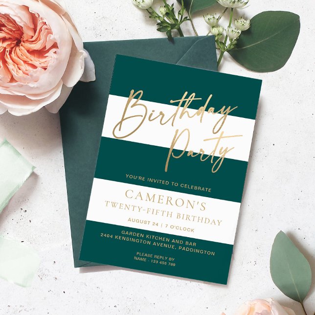 Emerald Green Stripe Gold Birthday Invitation (Emerald Green Stripe Birthday Invitation )