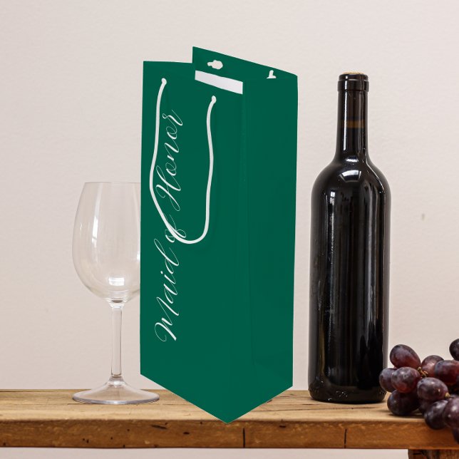 Emerald Green Stylised Script Maid of Honour Wine Gift Bag (In Situ)