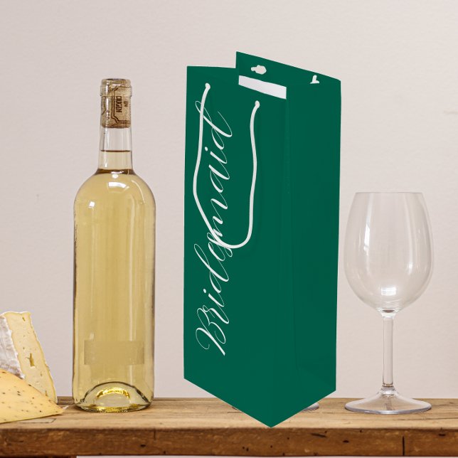 Emerald Green Stylised Script Wedding Bridesmaid Wine Gift Bag (In Situ)