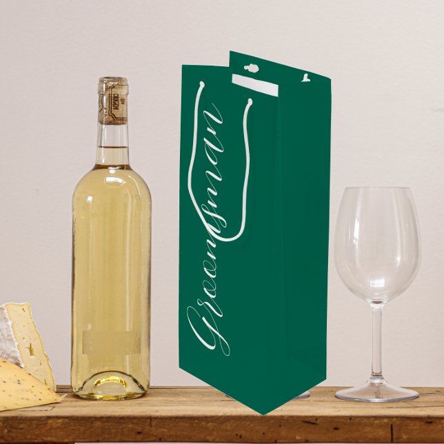 Emerald Green Stylised Script Wedding Groomsman Wine Gift Bag (In Situ)