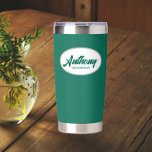 Emerald Green Stylised Wedding Groomsman Name Insulated Tumbler<br><div class="desc">Gift your wedding groomsman with this trendy and personalised,  stainless steel,  thermal tumbler with his name in stylised script in a white oval design. Background colour and script is emerald green. Personalise your thermal tumbler by editing and replacing groomsman's name with desired name.</div>