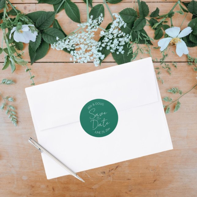 Emerald Green Stylised Wedding Save the Date Classic Round Sticker (In Situ Wedding)