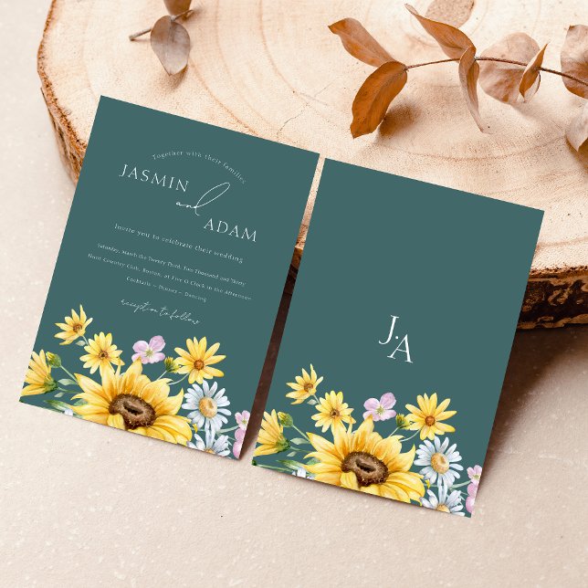 Emerald Green Sunflower Monogram Floral Wedding Invitation (Summer Emerald Green Sunflowers Monogram Wedding Invitation)