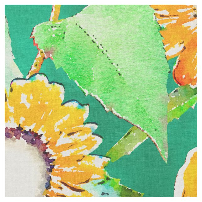  Emerald Green Sunflowers Fabric (Close Up)