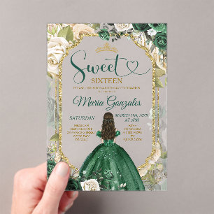 Emerald Green Sweet 16 Quinceañera  Glitter Floral Acrylic Invitations