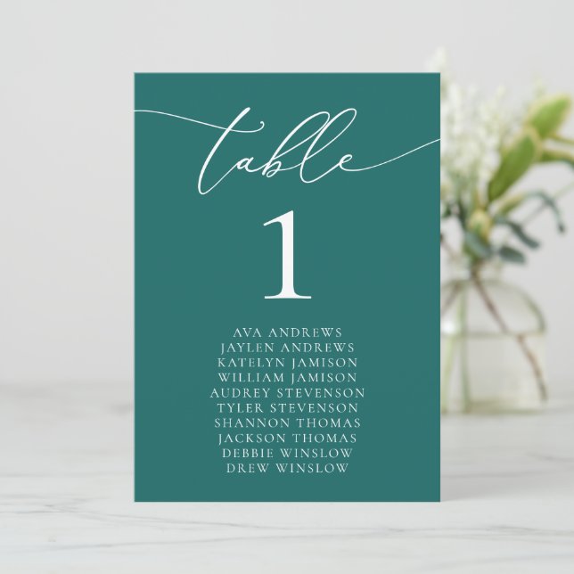 Emerald Green Teal Minimalist Wedding Table Number (Standing Front)