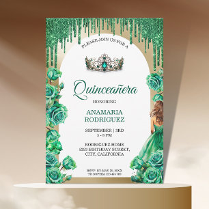 Emerald Green Tiara Quinceañera Roses Floral Arch Invitation