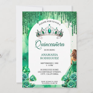 Emerald Green Tiara Quinceañera Roses Floral Arch Invitation