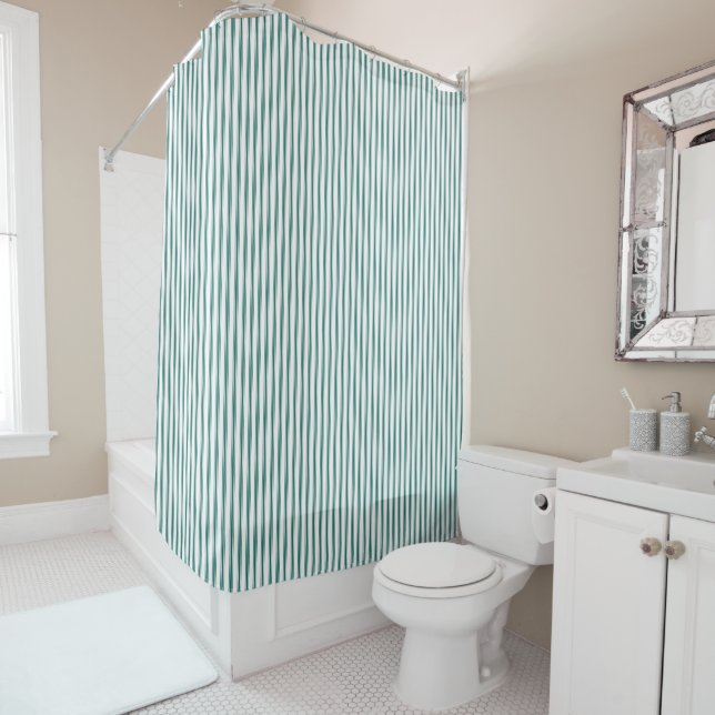 Emerald Green Ticking Stripe Shower Curtain (In Situ)