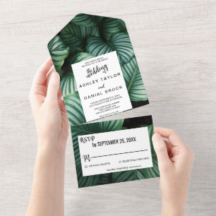 Emerald green tropical chic floral Wedding All In One Invitation