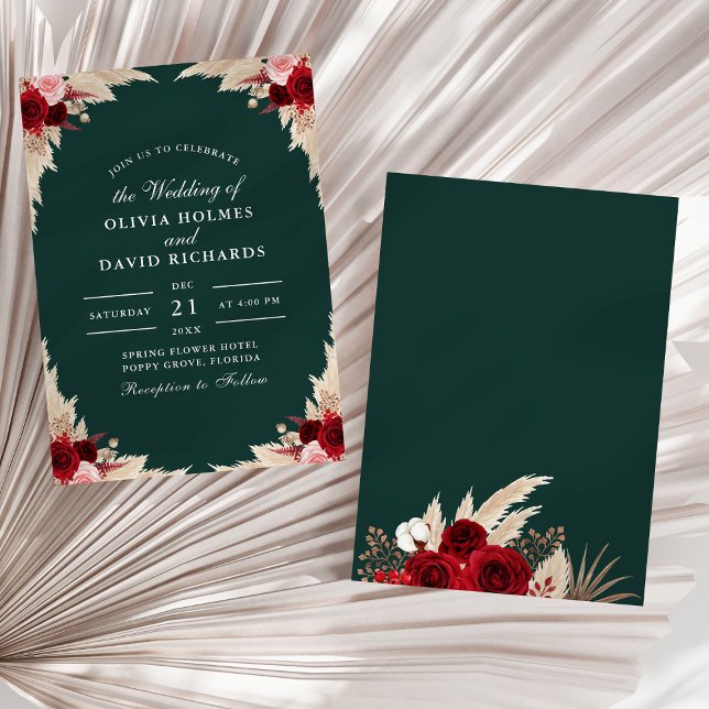 Emerald Green Tropical Roses Wedding Invitation (Emerald Green Tropical Roses Wedding Invitation on a sunny white dry palm leaf.)