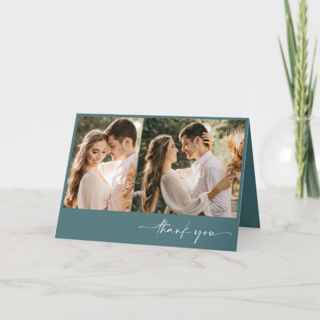 Emerald Green Two Photo Elegant Wedding Thank You  (Front)