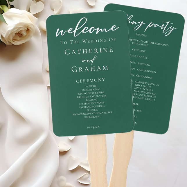 Emerald Green Typography Forest Wedding Program Hand Fan (Creator Uploaded)