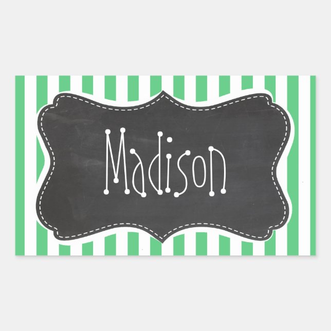 Emerald Green Vertical Stripes; Vintage Chalkboard Rectangular Sticker (Front)