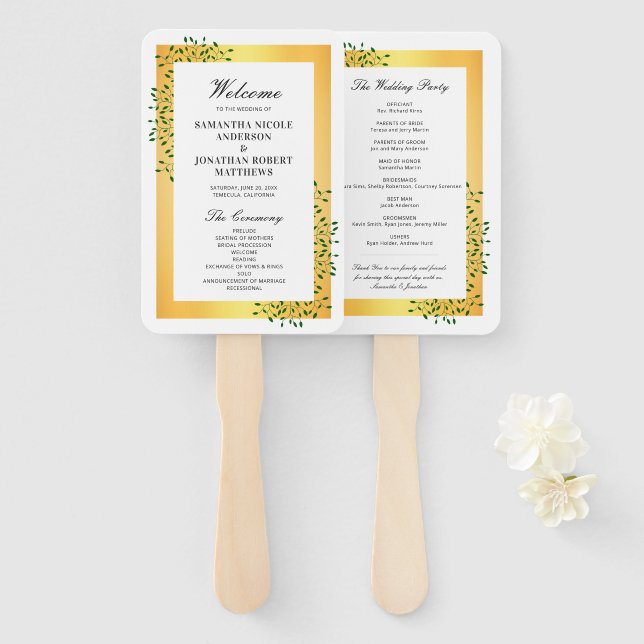 Emerald Green Vines Gold Elegant Wedding Program Hand Fan (Front and Back)