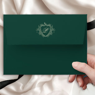 Emerald green vintage crest monogram wedding envelope