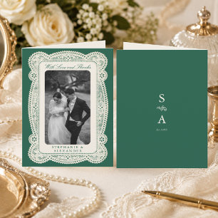 Emerald Green Vintage Lace Old Money Wedding Photo Thank You Card