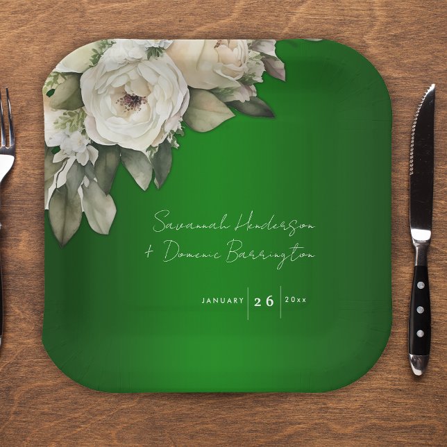 Emerald Green Vintage White Roses Wedding Paper Plate (Creator Uploaded)