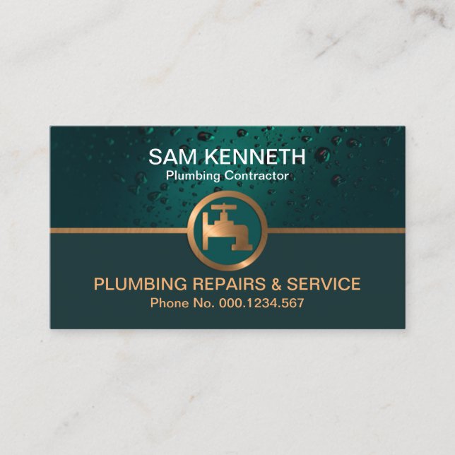 Emerald Green Water Drop Copper Faucet Tap Plumber Business Card (Front)