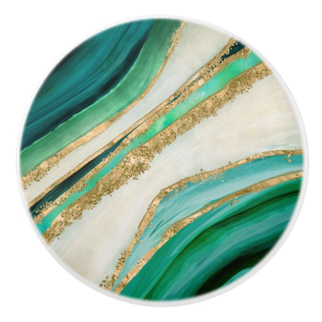 Emerald green watercolor and gold ceramic knob (Front)
