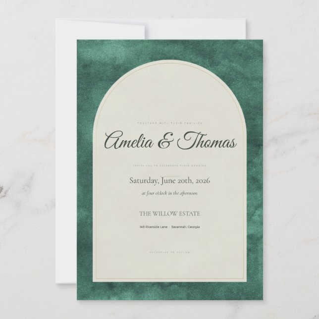 Emerald Green Watercolor Arch Wedding Invitation (Front)