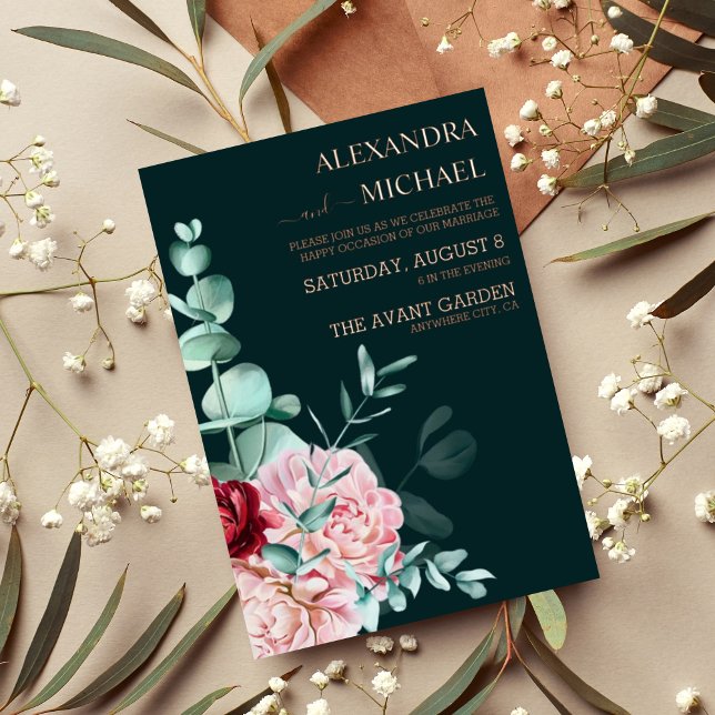 Emerald Green Watercolor Burgundy Flowers Wedding  (Creator Uploaded)