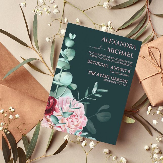 Emerald Green Watercolor Burgundy Flowers Wedding  Invitation (Creator Uploaded)