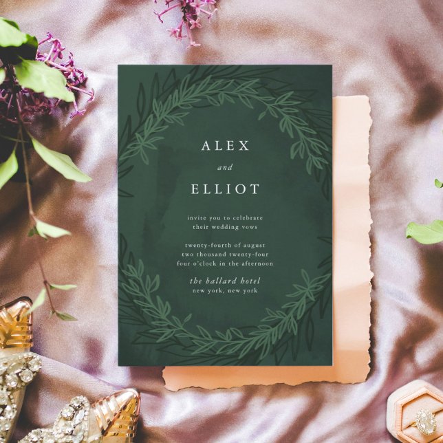 Emerald Green Watercolor Dramatic Laurels Wedding Invitation (Dramatic green watercolor botanical wreath wedding invitation.)