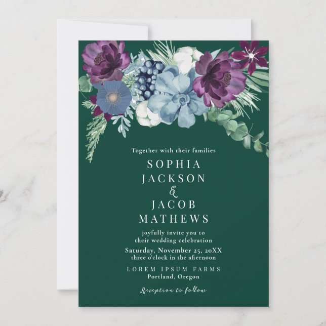 Emerald green watercolor floral elegant Wedding Invitation (Front)