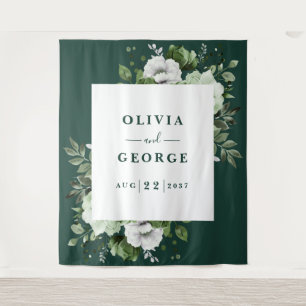 Emerald Green Watercolor Floral Photo Backdrop Tapestry