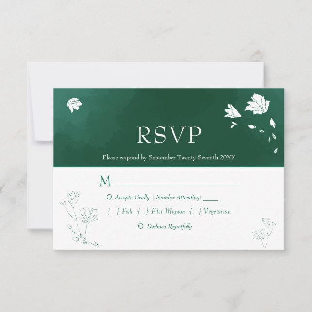 Emerald Green Watercolor Floral Wedding RSVP Card (Front)