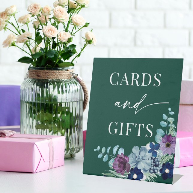 Emerald green watercolor floral Winter Wedding Pedestal Sign (Creator Uploaded)