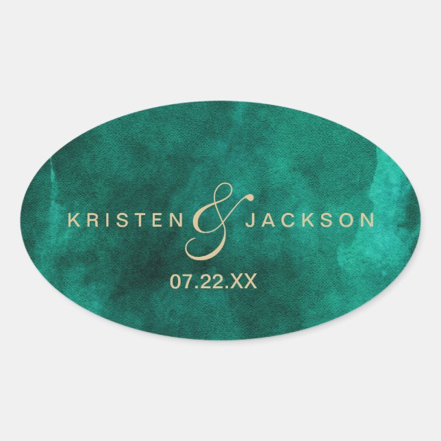 Emerald Green Watercolor & Gold Monogram Wedding Oval Sticker (Front)