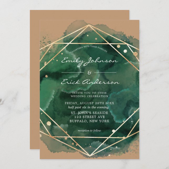 Emerald Green Watercolor Gold Tan Wedding Invitation (Front/Back)