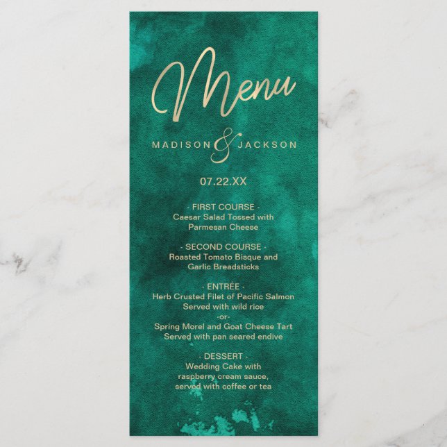 Emerald Green Watercolor Gold Wedding Dinner Menu (Front)
