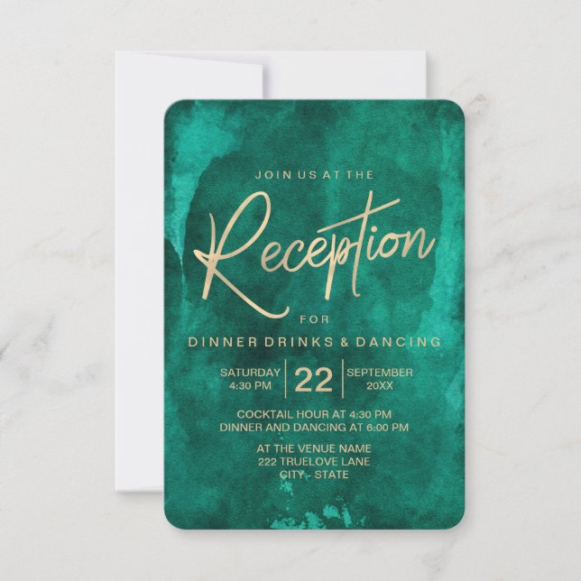Emerald Green Watercolor & Gold Wedding Reception Invitation (Front)