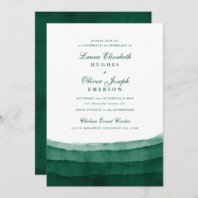 Emerald Green Watercolor Wedding Invitations (Front/Back)